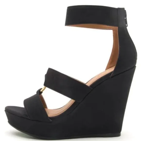COPY - Women's Black Nubuck Metal Ring Wedge Sand… - Picture 2 of 4